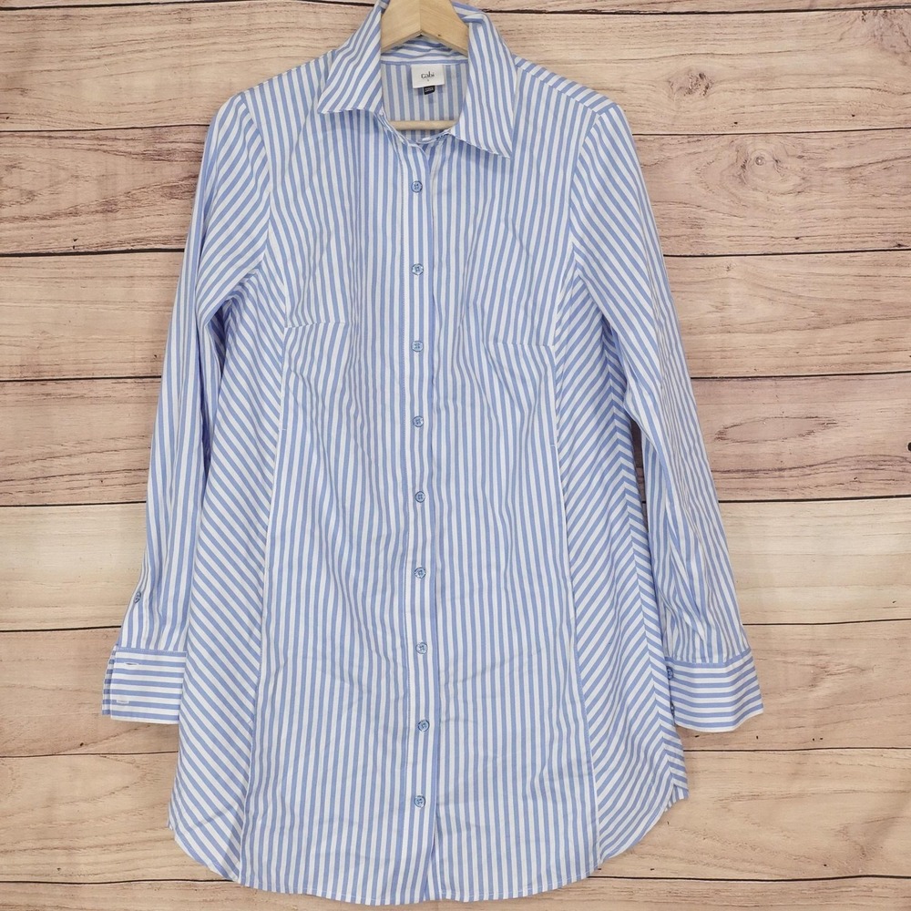 CAbi Dress Womens S Blue White Striped Long Sleeve Button Shirt Dress Collared